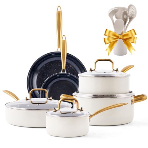 PRICES MAY VARY. 【Non-toxic Coating】- VONIKI ceramic pots and pans set are free of PTFE, PFOA, PFAS, lead, cadmium and other toxic materials, making them safe for you, your family, and the environment. Cooking with VONIKI gold beautifully kitchen cookware set, it's a lifestyle investment for your kitchen, your body and the earth. 【Naturally Nonstick】- No more sticky or difficult-to-clean problems. The pots and pans set nonstick require less oil or butter for cooking and minimal scrubbing for a s Gold Pots And Pans, Non Toxic Cookware, Photography Reference, Pan Cooking, Silicone Cooking Utensils, Kitchen Cookware Sets, Nonstick Cookware Sets, Pots And Pans Sets, Culinary Experience