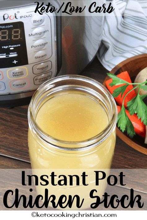 One Hour Homemade Chicken Stock - Instant Pot / Pressure Cooker Homemade chicken stock made in the Instant Pot in just one hour, but tastes like it took all day to make! #ketorecipes #keto #lowcarb #ketodiet #ketogenicdiet #lowcarbdiet #ketogenic #lowcarbhighfat #lowcarbrecipes #lchf #glutenfree #ketoweightloss #ketocookingchristian Instant Pot Chicken Broth, Instant Pot Chicken Stock, Make Chicken Broth, Chicken Broth Recipes, Chicken Stock Recipe, Stock Recipes, Homemade Chicken Stock, Bone Broth Recipe, Broth Recipes