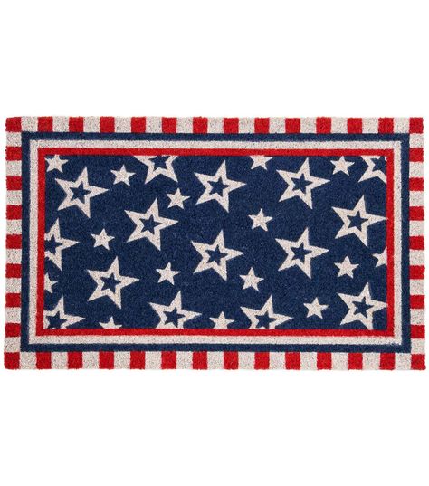 Blue and Red Americana Stars and Striped Border Coir Outdoor Doormat 18" x 30"Guests will be delighted when they arrive to your doorstep and see this Americana outdoor doormat! This vibrant doormat features an eye - catching stars on a blue background with a striking red white and blue striped border Made from durable coir this doormat is built to withstand heavy foot traffic and the elements making it the perfect addition to your doorstep all year long Show off your love for the USA and make a lasting impression on your guests with this patriotic and stylish doormat Perfect for displaying during holidays such as the 4th of July and Memorial Day this doormat is the ideal way to show your pride for your country Product Features: Rectangular Americana doormat Designed with stars on a blue ba Red Americana, Patriotic Porch, Discounts For Teachers, Patriotic Stars, 4th Of July Decorations, Coir Doormat, Outdoor Door Mat, Joanns Fabric And Crafts, Scrapbook Crafts