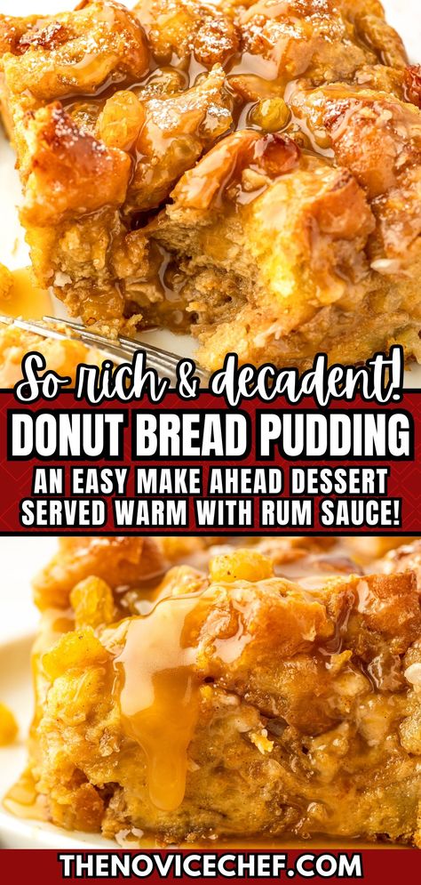 This warm and toasty donut bread pudding recipe is the perfect excuse to use up leftover donuts! Once you add the homemade buttery rum sauce on top, you won't believe how quickly it disappears. You can also prep it ahead for an impressive, but easy dessert for a dinner party! Bread Pudding Rum Sauce, Bread Pudding Recipe With Rum Sauce, Donut Bread Pudding Recipe, Fruit Bread Pudding, Rum Bread Pudding, Bread Pudding Recipe With Vanilla Sauce, Bread Pudding Sauce, Donut Bread Pudding, Donut Bread