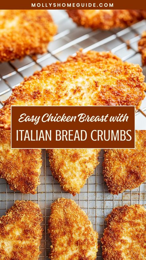 Indulge in a flavorful meal by making tender chicken breast with Italian bread crumbs. This classic recipe elevates ordinary chicken into a delicious and crispy dish that the whole family will love. The combination of juicy chicken breast and savory Italian seasonings creates a perfect harmony of flavors. Whether you're looking for a quick weeknight dinner idea or planning a special family meal, this recipe is sure to impress. Serve the chicken with your favorite sides for a satisfying and homem Baked Chicken Recipes Breaded, Breaded Chicken With Pasta, Simple Breaded Chicken Recipes, Baked Bread Crumb Chicken, Italian Breadcrumbs Chicken, Bread Crumbs Recipe Chicken, Breaded Chicken In The Oven, Italian Crusted Chicken, Fried Chicken Breast Dinner Ideas