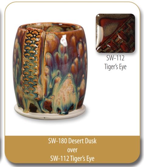 Mayco Glaze Desert Dusk over Tigers's Eye Mayco Glaze, High School Ceramics, Glaze Combinations, Amaco Glazes, Ceramic Glaze Recipes, Ceramic Techniques, Glaze Recipe, Pottery Glazes, Color Glaze