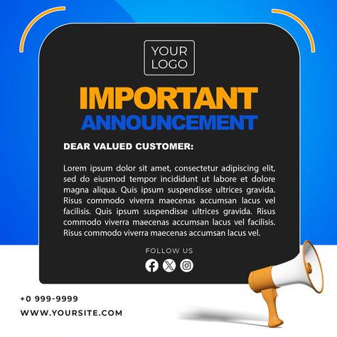 Download this Important announcement social media post with megaphone 3d template PSD 📣. Descargue esta plantilla PSD de anuncio importante en redes sociales con megáfono 3d. Announcement Pubmat, Announcement Social Media Post, Organizational Chart, Social Templates, Social Media Poster, Our Services, Media Post, Social Media Design, Social Media Post