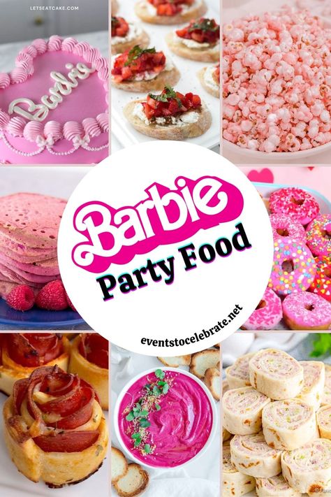 Barbie Themed Party Snacks, Barbie Themed Sleepover Party, Food Ideas For Barbie Party, Barbie Dinner Party Food, Food For A Barbie Party, Barbie Party Food Savoury, Barbie Party Finger Foods, Snacks For Barbie Party, Barbie Birthday Party Snack Ideas