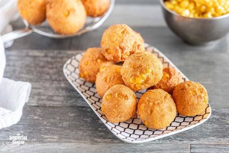 Sweet Corn Hushpuppies | Imperial Sugar Hush Puppies Recipe With Corn, Corn Hush Puppies, Fish Fry Side Dishes, Fish Fry Sides, Hush Puppies Recipe, Summer Picnics, Fish Fry, Recipe Sweet, Corn Recipes