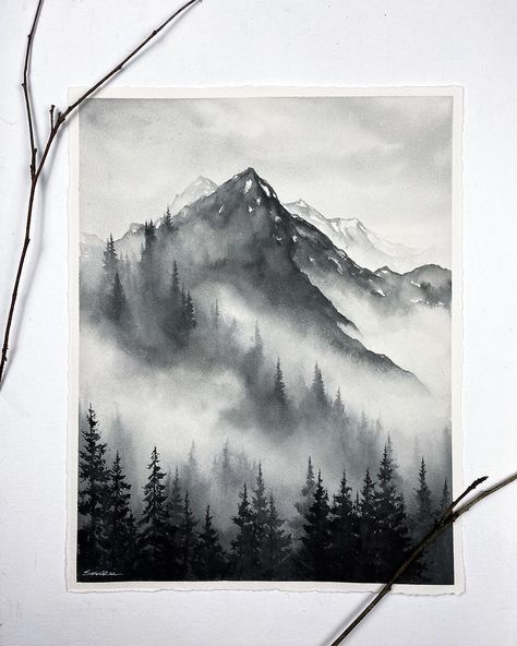 Sable (@artbysablerae) • Instagram photos and videos Black And White Watercolor Painting, Rainy Day Nature, Watercolor Painting Landscape, Black And White Watercolor, Cozy Rainy Day, Painting Reference, Misty Mountain, Circle Drawing, White Watercolor