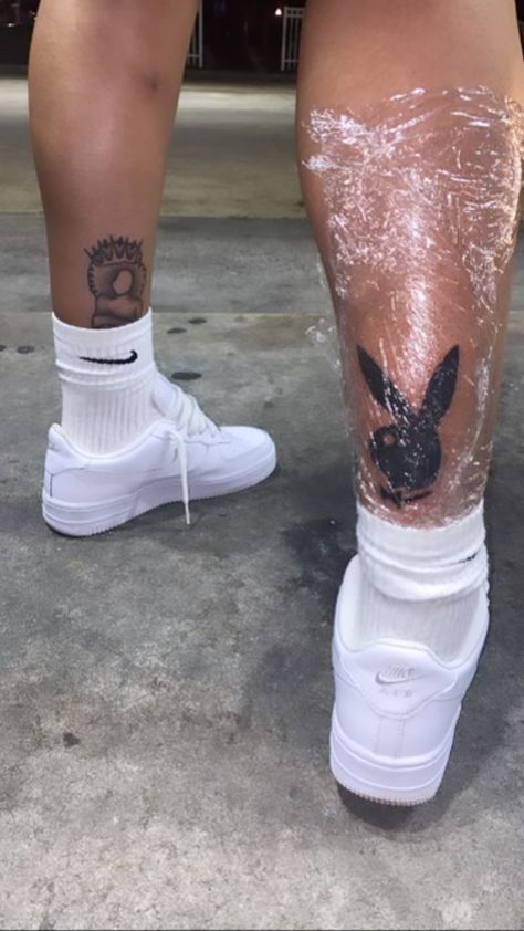 Back of calf tattoo Small Baddie Tattoo Ideas, Baddie Tattoo Ideas Female Small, Baddie Tattoo Ideas Female Sleeve, Playboy Bunny Tattoo, Playboy Tattoo, Tattoo Ideas Female Forearm, Baddie Tattoo Ideas Female, Calf Tattoos For Women, Baddie Tattoo Ideas