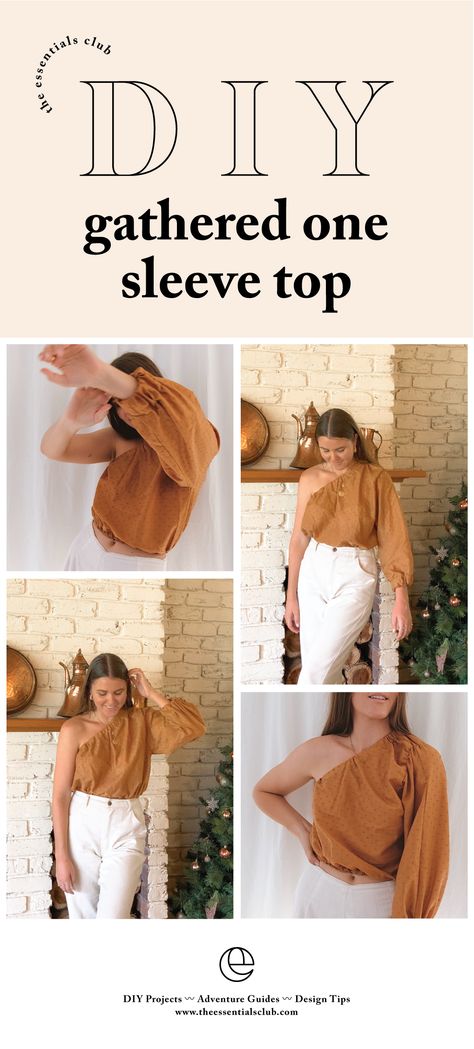 In this sewing tutorial I share the simple steps of how to create a gathered, one shoulder top! I feel like this is such a versatile piece that will suit any wardrobe or occasion. With one big puffy, oversized sleeve and an elastic waist this is the dreamiest, flowy, cotton top come to life! Make what you can and ethically source the rest! The Essentials Club is all about sharing the steps to become more resourceful and creative with crafting your own minimal, conscious wardrobe. One Shoulder Sewing Pattern, Flowy Top Sewing Pattern, One Shoulder Dress Pattern Sewing, One Shoulder Top Sewing Pattern, One Shoulder Top Diy, Diy One Shoulder Top, One Shoulder Top Pattern, Easy Diy Top, The Essentials Club