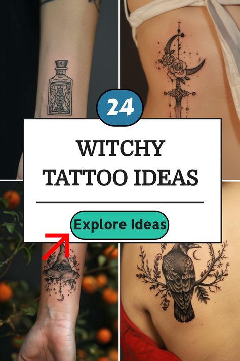 Collage of four witch-themed tattoos featuring mystical designs and elements. Spiritual Feminine Tattoos, Goth Aesthetic Tattoos, Whimsy Goth Tattoo, Mystic Tattoo Magic, Witchy Tattoo Designs, Eerie Creatures, Witchy Tattoo Ideas, Wicca Tattoo, Witchy Tattoos