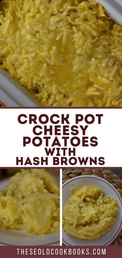 4 Ingredient Crock Pot Cheesy Potatoes Recipe using Frozen Hashbrowns Cheesy Potato Recipe, Cheesy Potatoes Crock Pot, Frozen Hash Browns, Cheesy Potatoes Recipe, Frozen Hashbrowns, Potatoes Easy, Cheesy Hashbrowns, Easy Dinner Casseroles, Crockpot Casserole