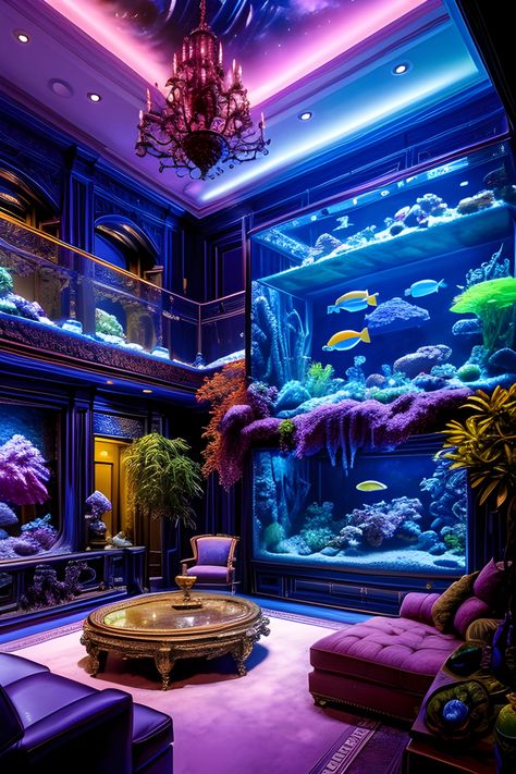 A fantasy sitting room under the sea with huge neon aquariums full of colorful fish as the walls Underwater Living Room, Wall Aquarium Living Rooms, Fancy Aquarium, Fantasy Room Aesthetic, Cool Aquariums, Neon Aquarium, Fantasy Living Room, Aquarium Living Room, Fantasy Aquarium