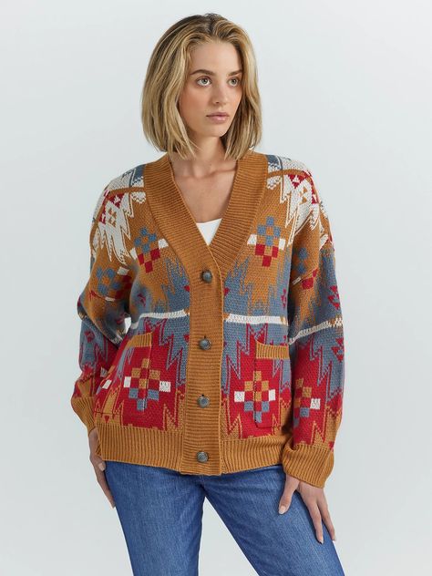 Women's Western Pattern Cardigan Sweater Boxy Cardigan, Dan Post Boots Woman, Kids Cowboy Boots, Western Pattern, Girl Cowboy Boots, Aztec Cardigan, Western Suits, Pattern Cardigan, Wrangler Accessories