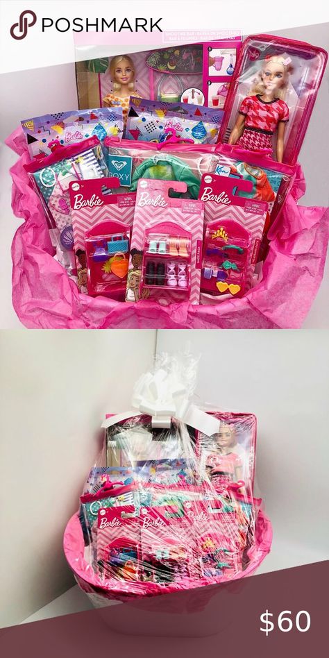 Barbie Themed Birthday Gift Present Basket - Style #2, Dolls Clothes Accessories Barbie Gift Basket, Baskets 2022, Present Basket, Basket Raffle, Raffle Basket, Kids Gift Baskets, Barbie Gifts, Birthday Basket, Raffle Baskets