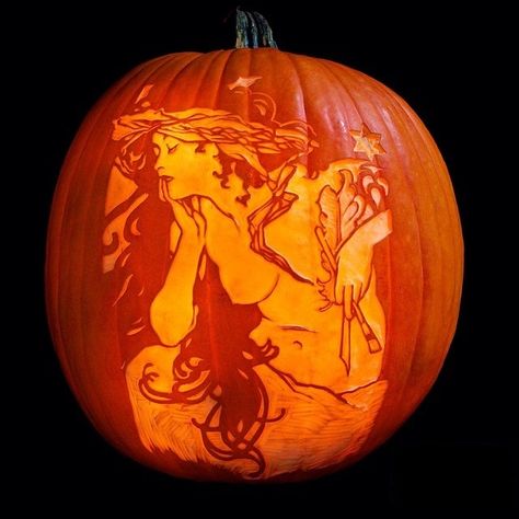 Alphonse Mucha: Pumpkin Nouveau. Pumpkin Cravings, Pumpkin Carver, Halloween Pumpkin Carving Stencils, Pumpkin Carving Designs, Giant Pumpkin, Halloween Pumpkin Designs, Pumpkin Carvings, Sugar Pumpkin, Pumpkin Carvings Stencils