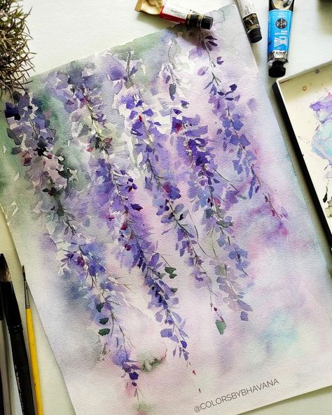 Dreamy Watercolor Art, Wisteria Bouquet, Wisteria Watercolor, Purple Artwork, Dreamy Watercolor, Wisteria Flowers, Watercolor Blog, Watercolor Beginner, Watercolor Bouquet