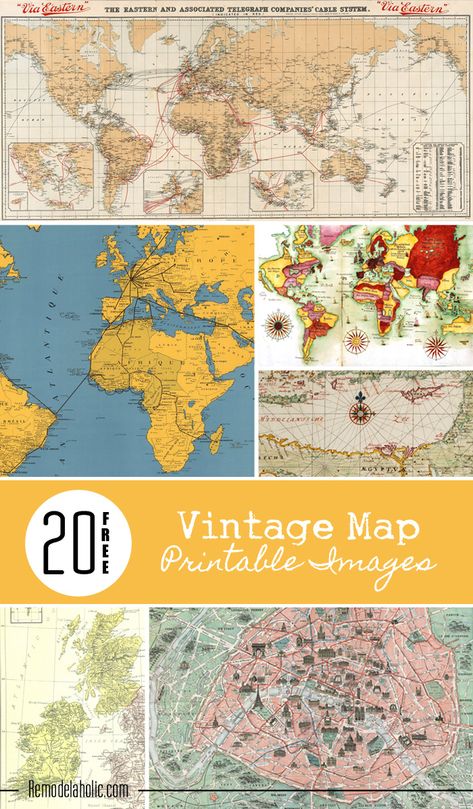 Remodelaholic Contributor Post: Vintage Maps - The Gathered Home Printable Maps Free, Free Printable Vintage Maps, Vintage Maps Printable, Vintage World Map Aesthetic, Vintage Map Background, Vintage World Map Poster, Map Printable, Map Crafts, Pretty Printables