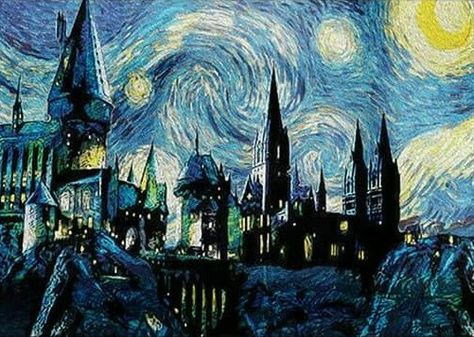 Hogwarts-Starry Night Starry Night Hogwarts, فنسنت فان جوخ, Artist Van Gogh, Magical Castle, Harry Potter Poster, Arte Van Gogh, Hogwarts Castle, The Starry Night, Starry Night Van Gogh