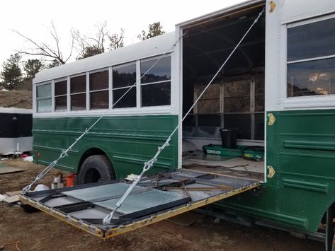 I turned my wheelchair lift door into a fold out deck - School Bus Conversion Resources Bus Remodel, House Bus, Vintage Trailers Restoration, School Bus Camper, School Bus Tiny House, School Bus House, Converted School Bus, Bus Ideas, Bus Living