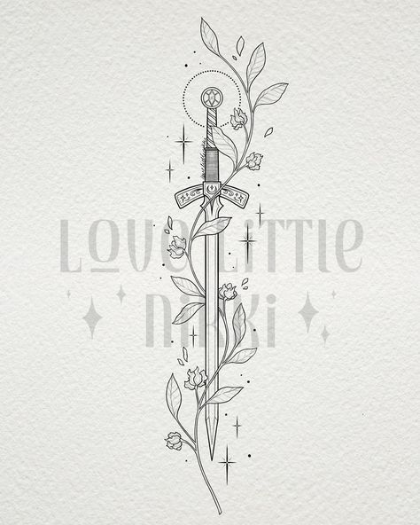 Pretty delicate Goldryn piece for Haley 🗡️🌿 Goldryn is wrapped within the King flame flowers that bloom in Terrasen only under the reign of a great ruler 🔥 #throneofglass #goldryn #swordtattoo Throne Of Glass Tattoo Ideas Aelin, Kingsflame Flower Tattoo, Goldryn Tattoo Tog, Kingsflame Flower Tog, Goldryn Tattoo, Aelin Galathynius Tattoo, You Do Not Yield Tattoo, Tog Tattoo Ideas, Around The Knee Tattoo