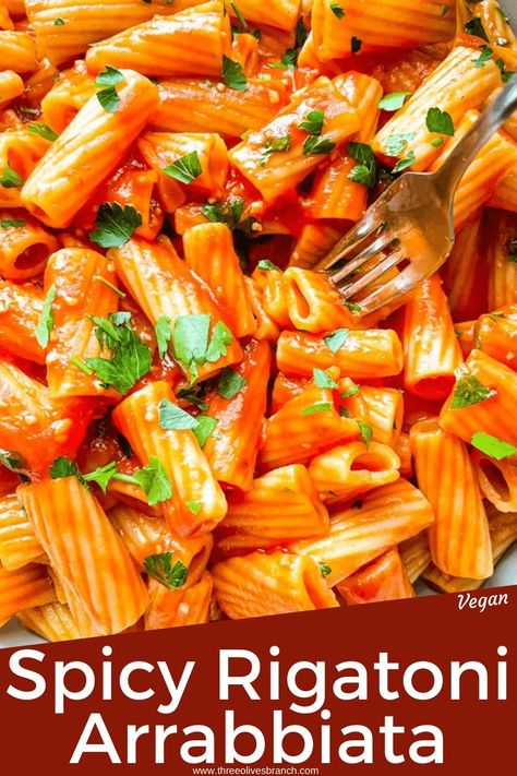 This Rigatoni Arrabbiata is a classic Italian pasta recipe! An easy vegan tomato sauce with garlic and red pepper flakes tossed with rigatoni and parsley. Known as angry pasta for its spicy kick! #arrabbiata #pastarecipes #veganpasta Spicy Red Pepper Pasta, Pasta Dishes Without Meat, Arrabiata Pasta Recipes, Spicy Red Sauce Pasta, Pasta Without Cheese, Pasta Recipes Without Cheese, Pasta Arrabiata Recipe, Vegan Tomato Sauce, Spicy Pasta Sauce