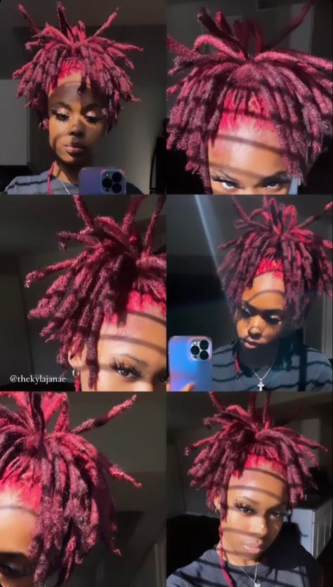 Dye Dreadlocks Black Women, Two Color Hair Dye Ideas Locs, Dyed Dreadlocks Women, Medium Size Starter Locs, Red Locs Black Women Dark Skin, Dreadlock Dye Ideas, Loc Colors Black Women Dark Skin, Pink Dyed Locs, Loc Color Combos