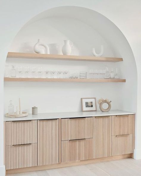 Arch With Shelves, Currumbin Beach, Henley Homes, Bali Architecture, Californian Bungalow, Bali Style Home, Hamptons Coastal, Arch Wall, Linen Cupboard