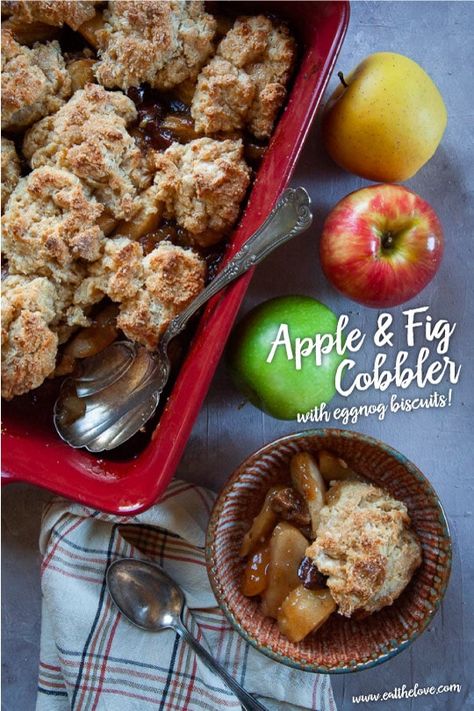 This easy to make apple and fig cobbler is a special treat for the holidays with a dash of brandy in the filling and the addition of eggnog drop biscuits! Fig And Apple Pie, Apple And Fig Recipes, Eggnog Biscuits, Best Apple Cobbler Recipe, Fig Cobbler, Cobbler Apple, Fig Dessert, Eggnog Recipes, Making Apple Pie