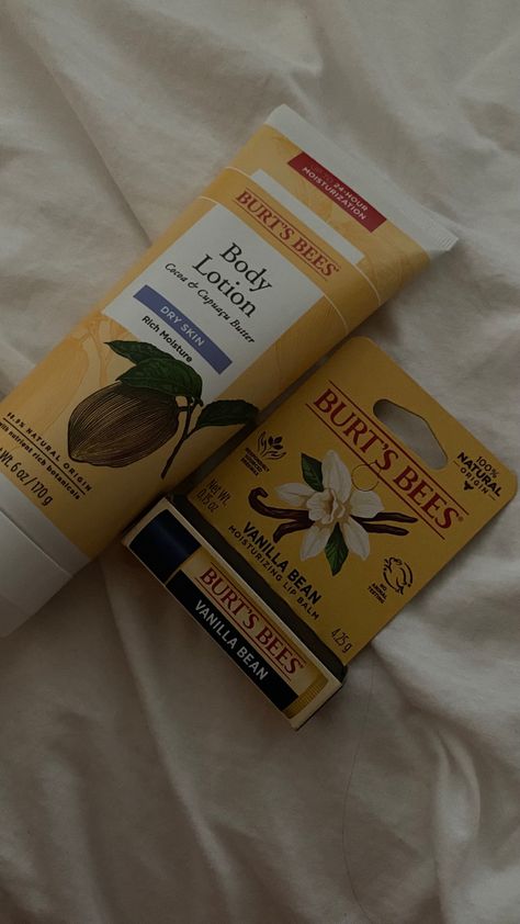 burts bees, lipbalm, lotion, skincare, selfcare, aesthetic, yellow Burts Bees Lip Balm Aesthetic, Burts Bees Aesthetic, Burts Bees Skincare, Burts Bees Vanilla, Aesthetic Lotion, Bees Aesthetic, Vanilla Scents, Selfcare Aesthetic, Dream Products