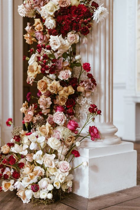 Beautiful floral decor at west midlands wedding venue swinfen hall Red Romantic Wedding, Elegant Wedding Flowers, Romantic Wedding Flowers, Red Wedding Flowers, Wedding Venues Uk, Luxury Wedding Decor, British Flowers, Floral Trends, Flower Installation