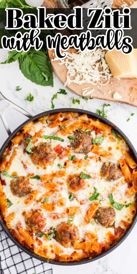 Baked Ziti With Meatballs Ricotta, Meatball Ziti Bake, Baked Ziti With Meatballs Easy, Baked Ziti With Frozen Meatballs, Baked Ziti With Ricotta No Meat, Meatball Marinara Recipes, Meatball Baked Ziti, Ziti With Meatballs, Baked Spaghetti With Ricotta