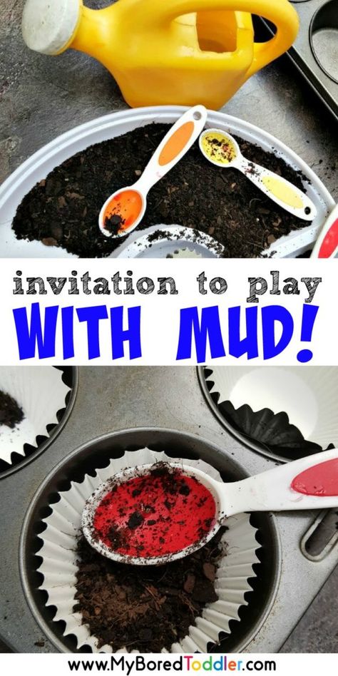 A fun invitation to play with mud - perfect for #toddlers and a great outdoor play ideas for toddlers and preschool. A fun nature play toddler activity and a great sensory bin idea Mud Play Ideas, Fun Invitation, Outdoor Activities For Toddlers, Toddler Outdoor, Fun Invitations, Outdoor Education, Invitation To Play, Toddler Snacks, Messy Play