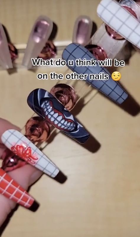 Nail Designs Demon Slayer, Tokyo Ghoul Nail Art, Tokyo Ghoul Nails Designs, Tokyo Ghoul Nails, Anime Nail Designs Demon Slayer, Anime Nails Tokyo Ghoul, Demon Slayer Inspired Nails, Ghoul Ideas, Finger Art