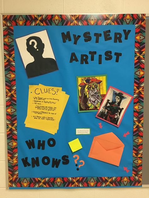 Bulletin Board on a Mystery artist for my third grade class. Mystery Artist Bulletin Board, Art Careers Bulletin Board, Interactive Art Bulletin Boards, Post It Masterpiece Bulletin Board, Elementary Art Classroom Decorations Bulletin Boards, Back To School Art Bulletin Boards, Art Themed Bulletin Boards, Elementary Art Bulletin Board Ideas, Art Classroom Bulletin Board Ideas