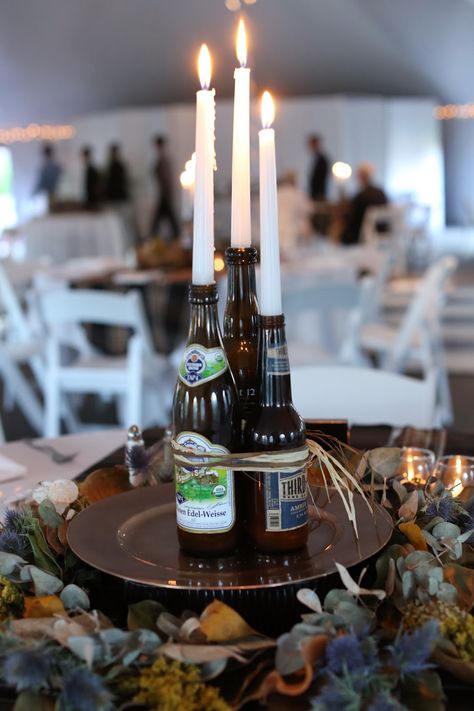 craft beer bottle centerpiece Beer Bottle Centerpieces, Octoberfest Party, Beer Tasting Parties, Bottle Centerpieces, Anniversaire Harry Potter, Oktoberfest Party, Beer Party, Tasting Party, Beer Bottles