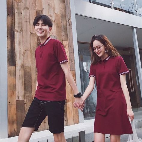 British College, Womens T Shirt Dress, Couple Fits, Matching Couple Outfits, Dress Cotton, Couple Outfits, Fashion Korean, Cotton Polo, Couple Shirts