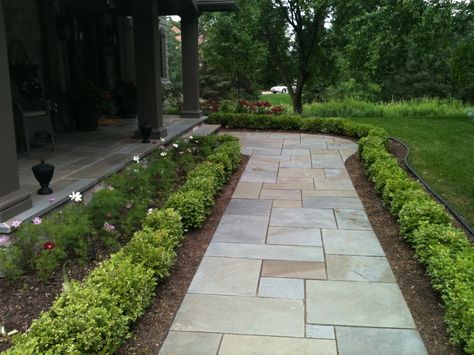 The Bluestone walkway lined with Boxwood. How perfectly simple! Curb Appeal www.sarahscottagecreations.com Bluestone Pathway, Pathway To Front Door, Simple Curb Appeal, Pool Walkway, Diy Walkways, Sidewalk Design, Front Portico, Bluestone Walkway, Front Yard Walkway