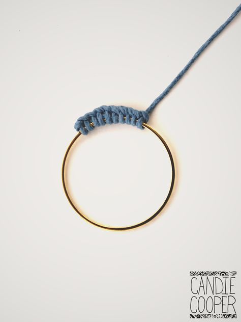 Macrame around a ring Crocheting Around A Ring, How To Cover A Ring With Macrame, Macrame Around A Hoop, How To Macrame Around A Hoop, How To Wrap A Macrame Ring, How To Wrap A Hoop Macrame, Metal Ring Macrame Diy, Macrame Around A Ring, Macrame On Ring