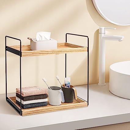 🍦Perfect Size：This organizer has the perfect size to storage your daily needed bathroom or kitchen stuffs. It complements with most household style and its easily portable. 🍦Functional Organizer Shelf：This organizer rack perfect for organizing, living room, desk, small plant stand, vanity tray, makeup organizer rack, kitchen snack organizer and countertop coffee station organizers, holding small items in your kitchen, bathroom, bedroom, reading room and office 👉$29.99 Organize Bathroom Counter, Bamboo Countertop, Freestanding Bathroom Shelves, Organize Bathroom Countertop, Shelf Light, Bathroom Countertop Organizer, Counter Organizer, Counter Shelf, Bathroom Counter Organization