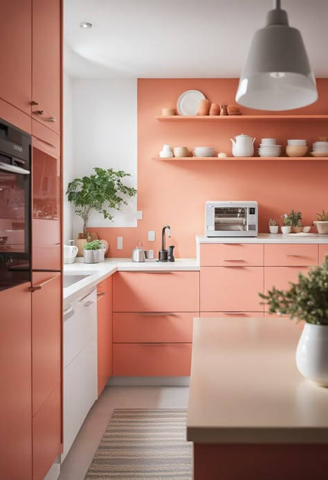 Coral Kitchen Ideas, Peach Color Kitchen, Coral Wall Color, Coral Kitchen Cabinets, Peach Kitchen Cabinets, Two Tone Kitchen Cabinets Color Combinations, Coral Kitchen, Kitchen Cabinets Color Combination, Dreamy Kitchens