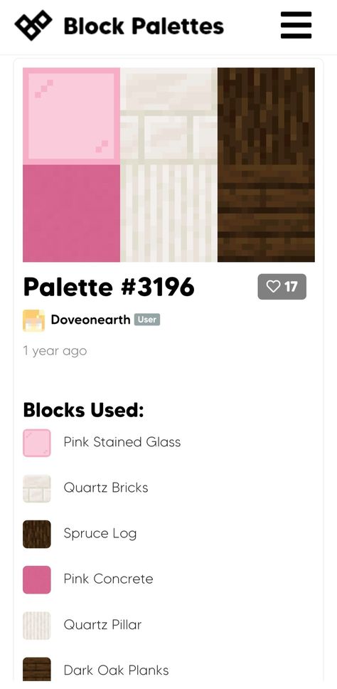 Pink Block Palette Minecraft, Minecraft Pink Pallet, Pink Minecraft Block Pallete, Cherry Wood Color Palette Minecraft, Pink Minecraft Pallet, Minecraft Block Palate, Minecraft Color Palette For Houses, Minecraft Block Combinations, Minecraft Block Combos