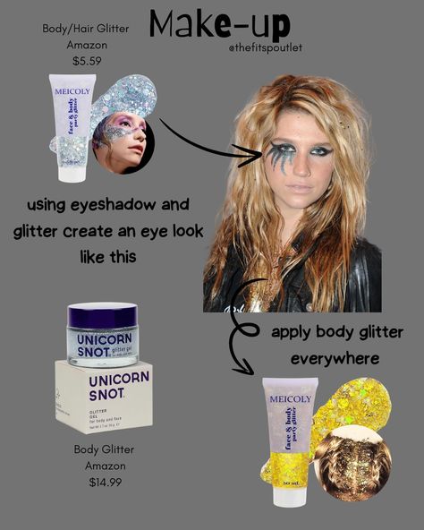 Ke$ha Inspired DIY Halloween costume #halloween #diyhalloween #costumeideas #diycostume #halloweeninspo Unicorn Snot, Glitter Face, Diy Halloween Costume, Halloween Inspo, Body Glitter, Glitter Gel, Body Hair, Diy Costumes, Costume Halloween