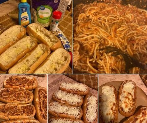 The Official Big back community | Spaghetti Stuffed Garlic Bread Subs | Facebook Spaghetti Stuffed Garlic Bread, Stuffed Garlic Bread, Cheesy Spaghetti, Dump Meals, Garlic Seasoning, Spaghetti Noodles, Bun Recipe, Sauteed Vegetables, Spaghetti Sauce