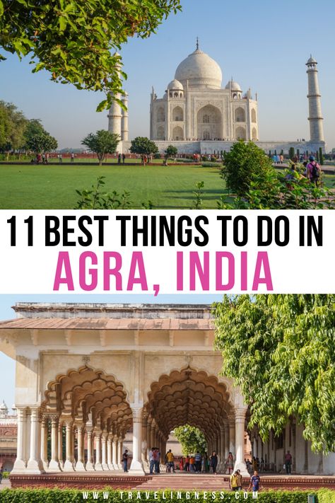 The Taj Mahal surrounded by green lawn and trees. A temple with series of scalloped arches. Agra India Photography, Agra City Photography, Agra Tourist Place, Agra India Travel, Agra India Aesthetic, Agra Itinerary, Agra Travel, India Bucket List, India Taj Mahal