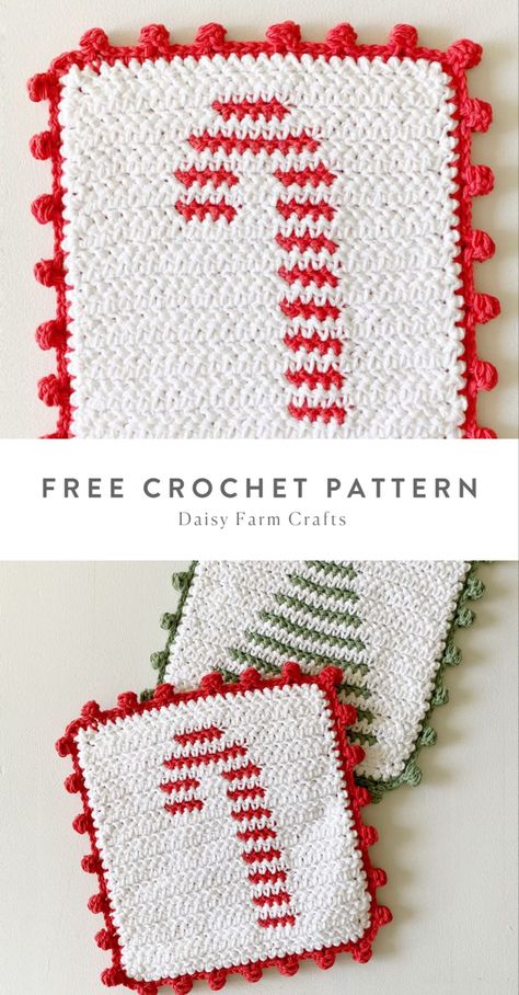 Free printable pattern included Holiday Hot Pads Crochet, Crocheted Christmas Dishcloths, Crochet Holiday Potholders, Christmas Potholders Crochet Free Pattern, Crochet Christmas Tree Hot Pad, Crochet Christmas Potholder Free Pattern, Crochet Christmas Dishcloth Pattern Free, Candy Cane Crochet Blanket, Crochet Potholders Christmas