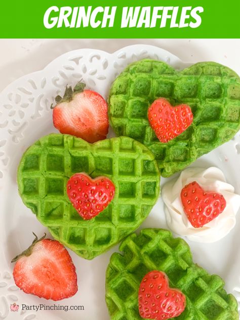 Grinch Waffles For Kids, Grinch Pancakes For Kids, Grinch Breakfast Party, Christmas Waffles For Kids, Grinch Kids Party, Grinch Waffles, Grinch Bread, Grinchmas Food Ideas, Grinch Inspired Food