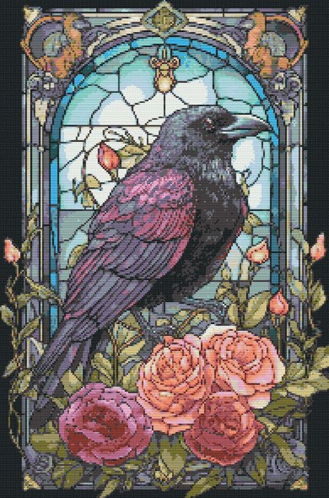 Cross Stitch for Beginners PDF Stained Glass Raven Roses - Etsy Stained Glass Cross Stitch Patterns Free, Cross Stitch Raven, Raven Cross Stitch Pattern, Fantasy Cross Stitch Patterns Free, Goth Stained Glass Art, Fantasy Cross Stitch Patterns, Witchy Cross Stitch Patterns, Cross Stitch Aesthetic, Dark Cross Stitch