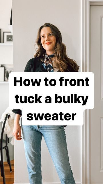 How To Tuck A Chunky Sweater, Tuck Bulky Sweater, Bulky Cardigan Outfits, Oversized Cardigan Work Outfit, How To Tuck In A Bulky Sweater, How To Tuck In A Thick Sweater, How To Tuck Long Sweater, Chunky Sweater With Jeans, Tucking Oversized Sweater