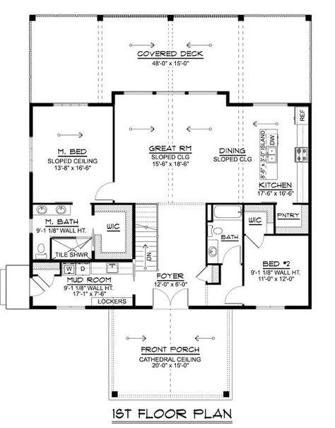 Barndominium Style House Plan - 2 Beds 2 Baths 1679 Sq/Ft Plan #1064-311 - BuilderHousePlans.com 2 Bedroom Metal Building House Plans, 2 Bedroom 2 Bath Barndominium, 2 Bedroom Barndominium Floor Plans, Metal Building House, 2 Bedroom Barndominium, Barn Dominium, House Plans 2 Story, Metal Building House Plans, Queen Anne House