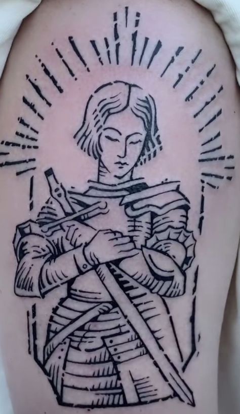 Joan Of Arc American Traditional Tattoo, Joan Of Arc Tat, Anne Boleyn Tattoo, Joan Of Art Tattoo, Historical Tattoos, Woodcut Tattoo, Saint Joan Of Arc, St Joan, Friday 13th