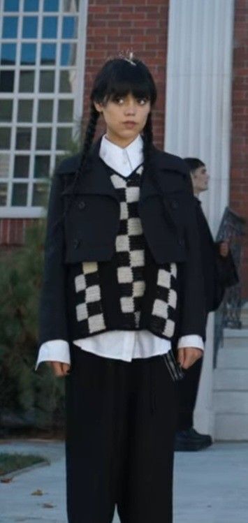 Wednesday Addams outfit in Netflix series Wednesday Wednesday Full Outfit, Wednesday Outfits Show, Wednesday Addams Vest Outfit, Netflix Wednesday Addams Outfits, Wednesday Casual Outfit, Wednesday Addams Show Outfits, Wednesday Addams Casual Outfit, Wednesday Addams Checkered Vest, Wednesday Themed Outfits